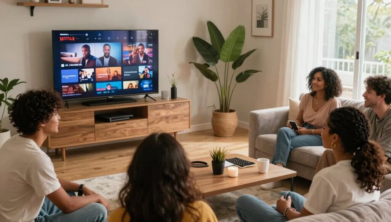 Cozy shared apartment living room with friendly roommates enjoying conversation.
