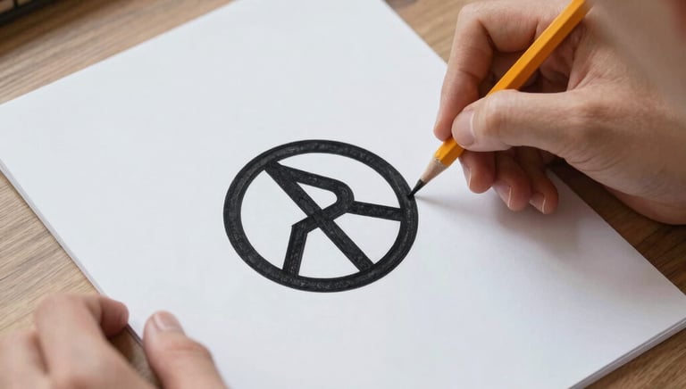 Close-up of a designer’s hand sketching logo concepts with pencils and markers.