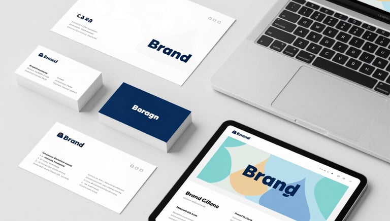 A creative workspace with colorful branding sketches and digital design tools on a wooden desk.