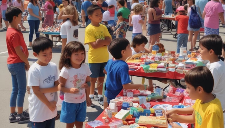 A lively outdoor swap meet with young vendors smiling and engaging with customers under colorful tents.