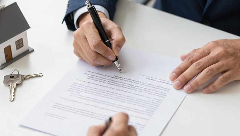 A professional notary carefully reviewing loan documents at a sleek desk.