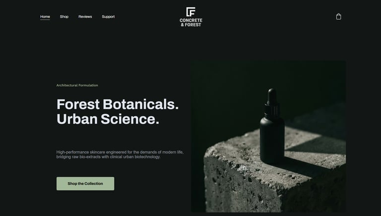 Concrete and Forest skincare website showing a minimalist black dropper bottle on a concrete surface.