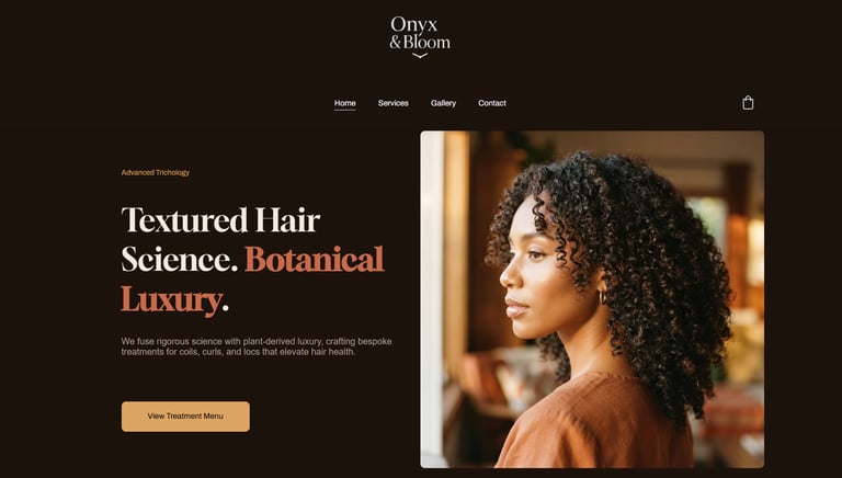 Onyx and Bloom website homepage for advanced trichology and botanical luxury hair treatments for curly hair.