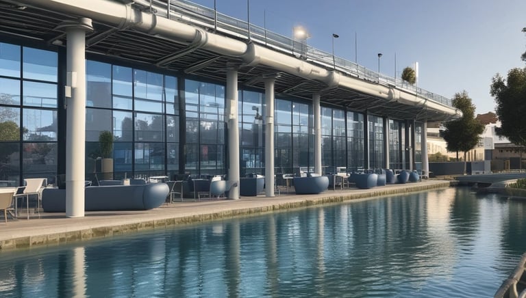 Technician using a handheld air quality monitor outdoors near industrial buildings.