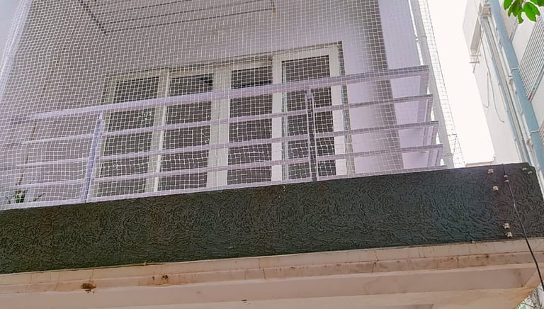 Wide shot of a commercial building in Thoraipakkam fitted with anti-pigeon nets around the rooftop.