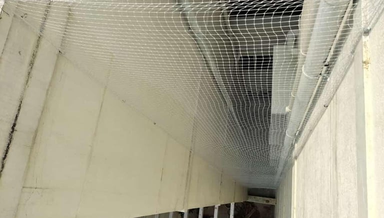 A close-up image of a pigeon net installed neatly on a residential balcony in Chennai.