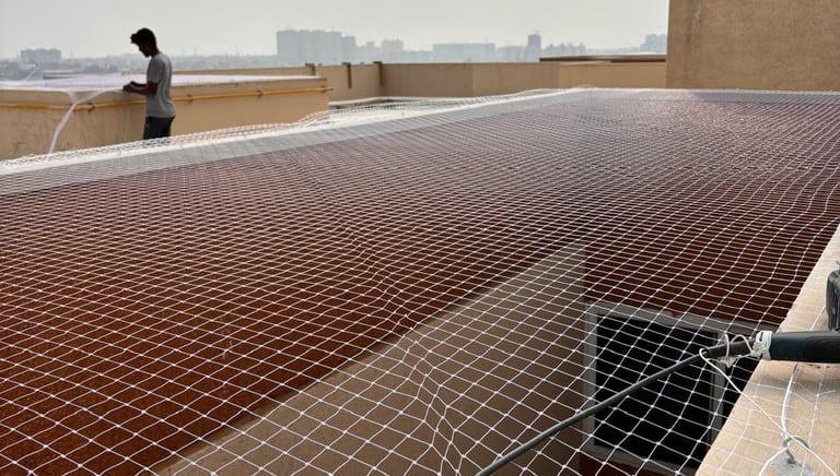 Technician inspecting a balcony net for wear and tear on a sunny day.