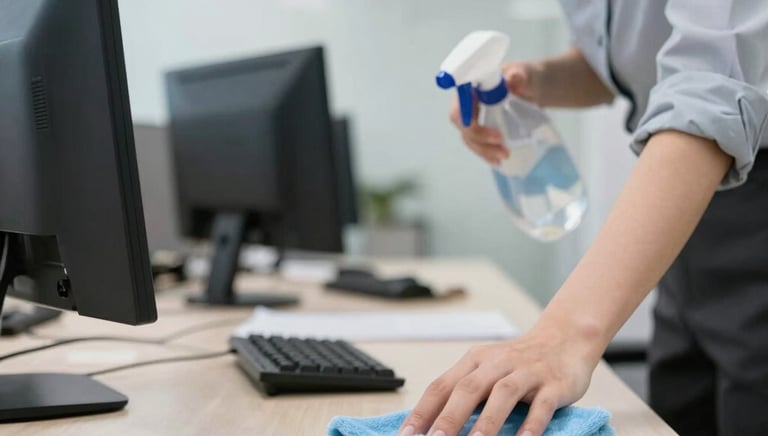 A professional cleaner wiping a modern office desk with a microfiber cloth.