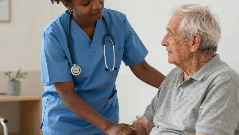 A friendly healthcare assistant helping an elderly patient with a warm smile in a care home setting.