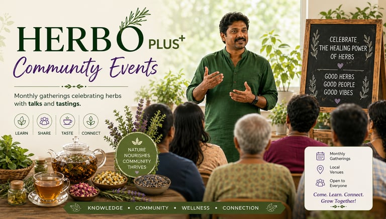 Herbo Plus community event featuring a herbalist leading a wellness talk with tea tasting.