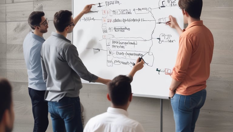 A developer coding on a laptop with app interface sketches on a nearby whiteboard.