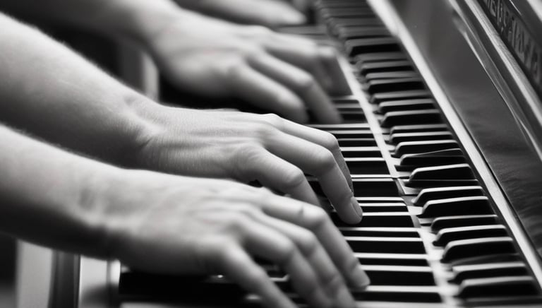 black and white close up of piano keyboard with hands