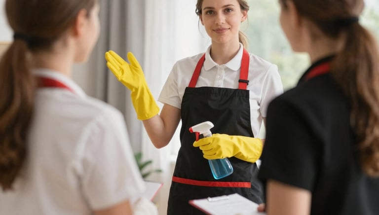 A professional trainer guiding a small group of retail employees in a bright, modern training room.