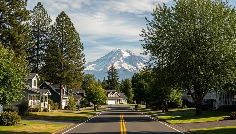 Scenic suburban street with houses trees leading toward mount baker in washington state.