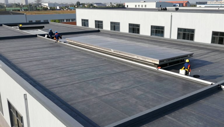 A professional roofer carefully inspecting a residential roof under clear skies.