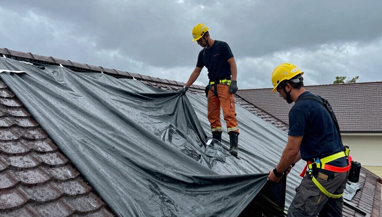 A professional roofer carefully inspecting a residential roof under clear skies.