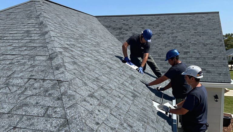 A professional roofer carefully inspecting a residential roof under clear skies.