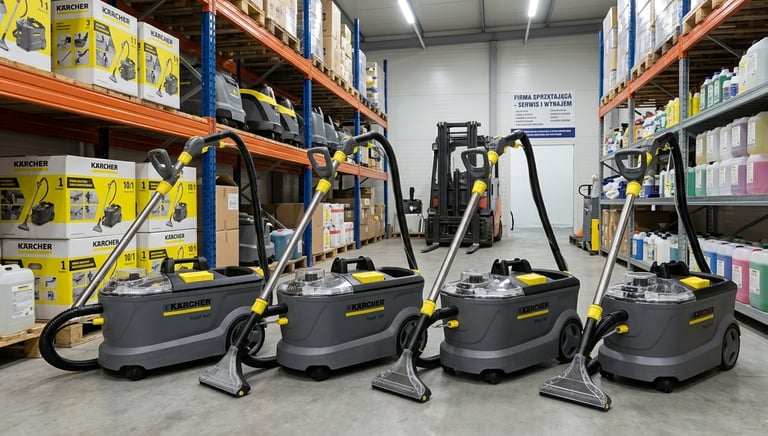 Four Karcher Puzzi spray extraction cleaners lined up in a warehouse with industrial shelving.
