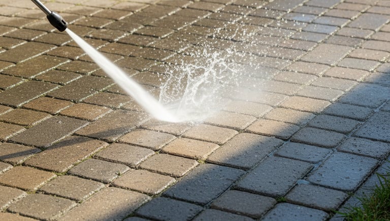 a person using a pressurer to clean a brick walkway