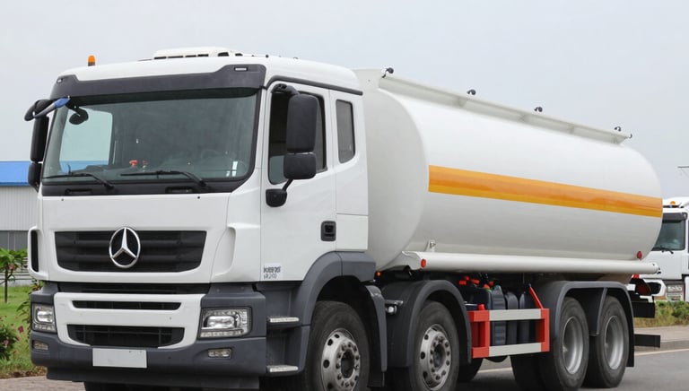 A modern fuel tanker truck transporting diesel on a highway at sunset.