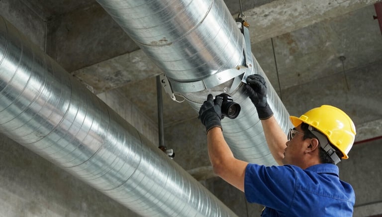 Close-up of chimney brush removing buildup, with protective gear visible