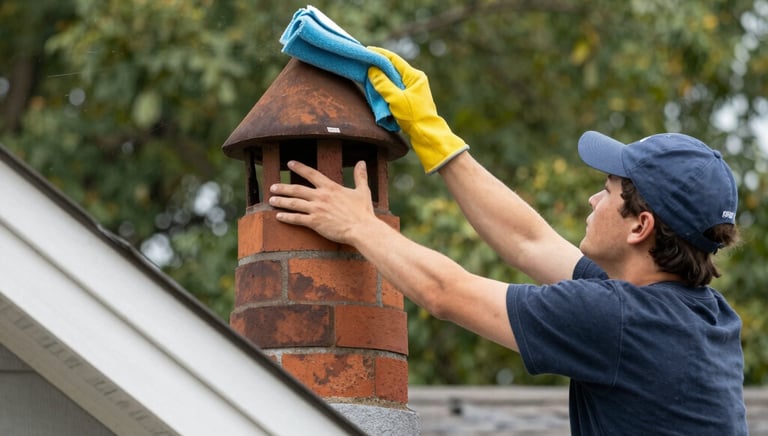 Close-up of chimney brush removing buildup, with protective gear visible