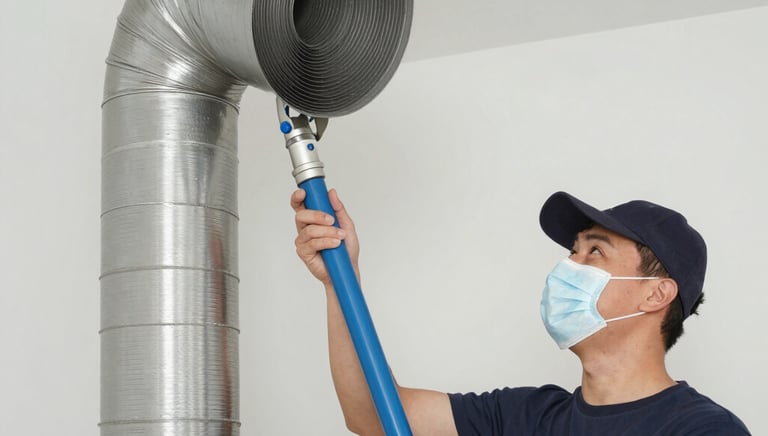 Technician cleaning vent ducts with professional equipment in a bright living room