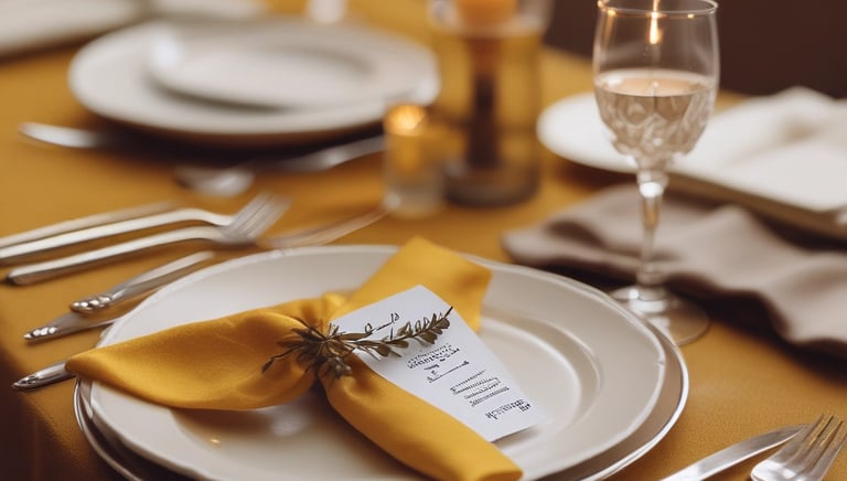 Luxurious dinner setting with fine china and ambient lighting in a chic bistro atmosphere.