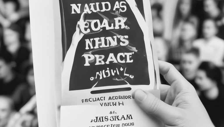 Close-up of a colorful event program featuring local business ads and arts information.