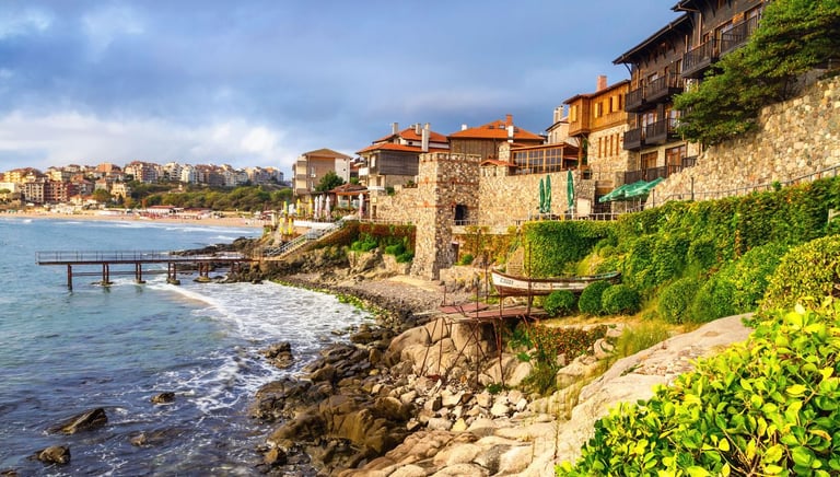Scenic view of Sozopol old town stone houses on the rocky Bulgarian Black Sea coast.