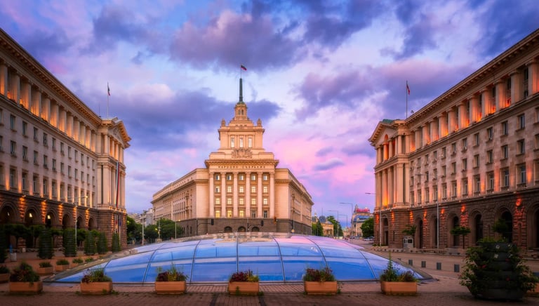 The Largo square in Sofia, Bulgaria featuring the National Assembly building under a sunset sky.