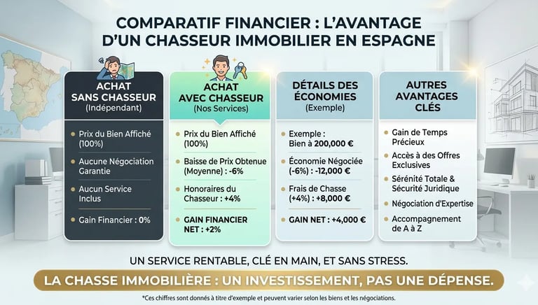 Infographie comparative montrant l'avantage financier d'un chasseur immobilier en Espagne : exemple