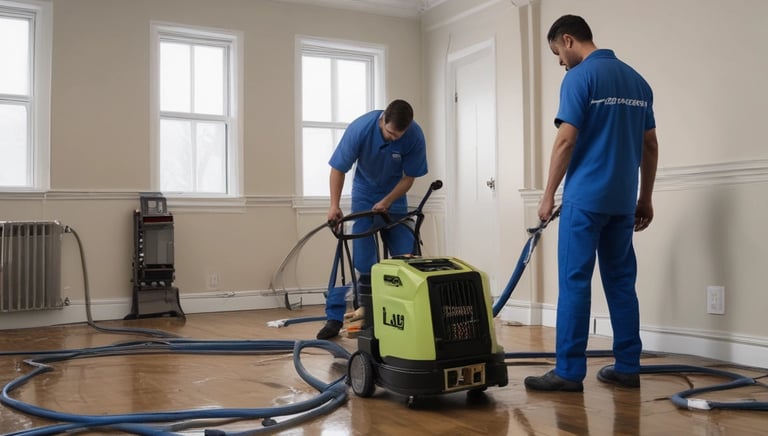Crew members wearing protective gear cleaning and drying a water-damaged living room.