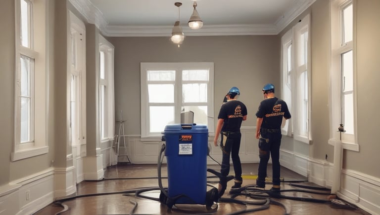 Technician using a powerful pump to remove standing water from a flooded Brooklyn basement.