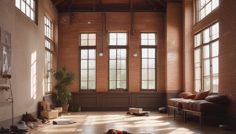 A serene room with soft lighting where a person practices conscious connected breathing.