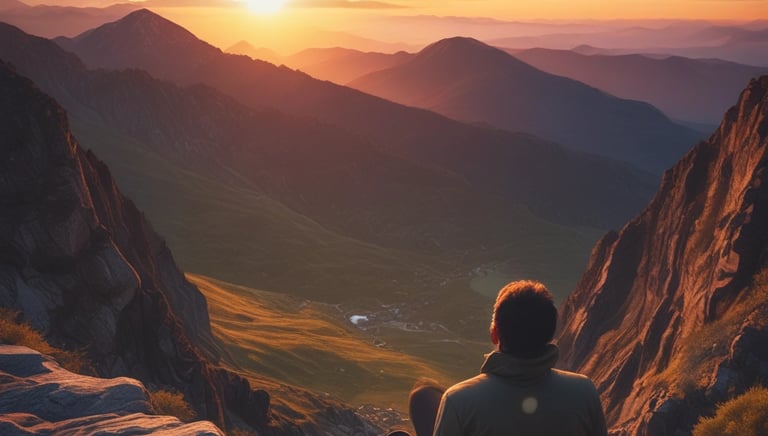A calm morning scene with a man journaling by a window, sunlight streaming in.