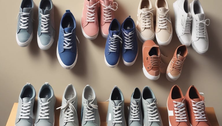 Display of finished casual and outdoor boots arranged neatly on minimalist shelves.