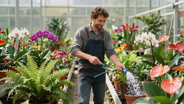 A farmer tending to a vibrant greenhouse filled with ornamental plants.