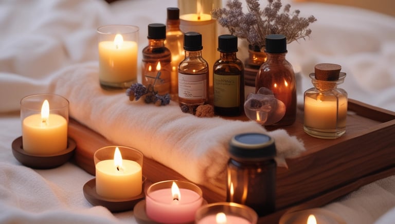 Aromatherapy oils and candles arranged beside a spa bed in a cozy room.