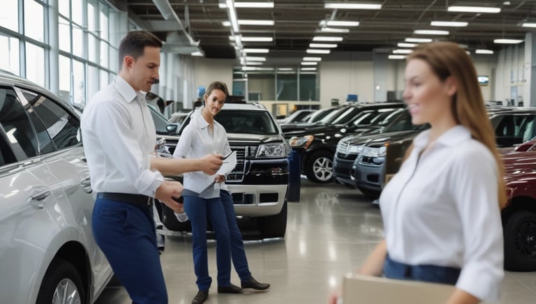 A dynamic team collaborating over marketing plans with dealership visuals in the background.