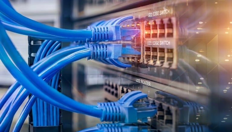 Ethernet wires plugged into switches