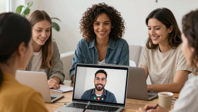 A small, intimate group of diverse people engaging in a supportive conversation in a warm room