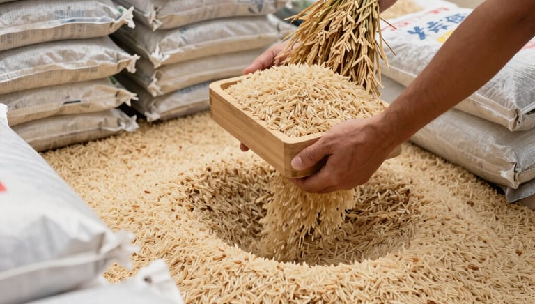 Close-up of neatly packed rice sacks ready for shipping at a busy port.