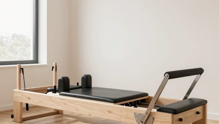 A calm Pilates studio with a trainer guiding a beginner through basic exercises.