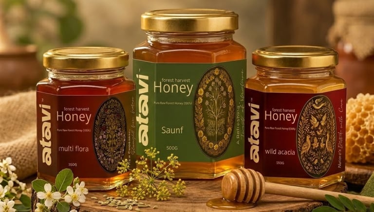 Atavi forest harvest honey jars including Saunf, Multi Flora, and Wild Acacia flavors 