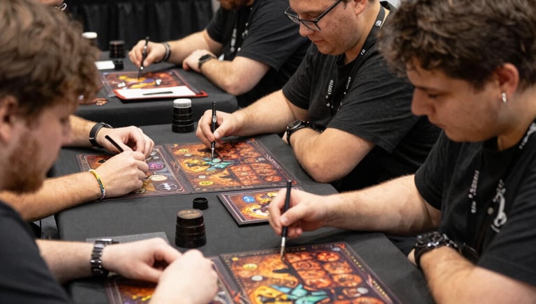A lively group gathered around a table, deeply engaged in a role-playing game session.