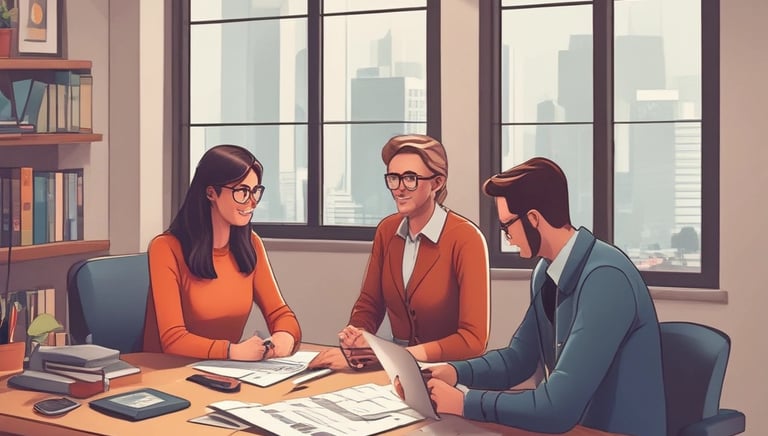 A vibrant, colorful printed brochure spread open on a wooden desk with natural lighting.