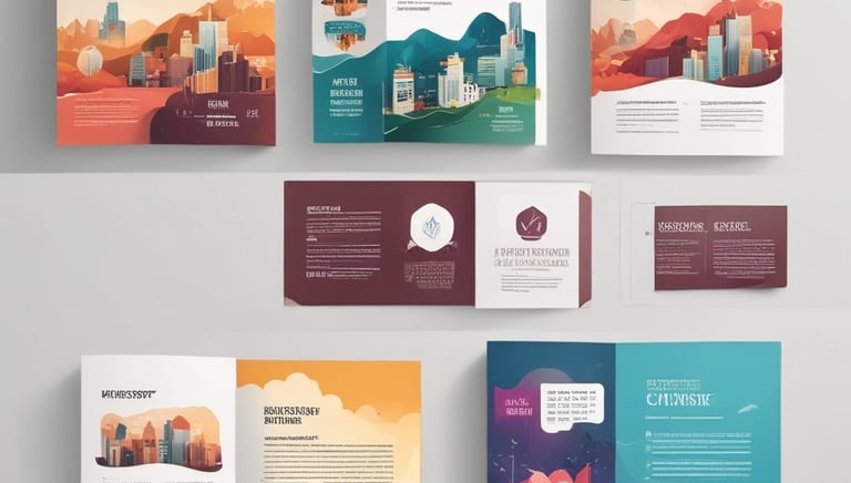 A vibrant, colorful printed brochure spread open on a wooden desk with natural lighting.