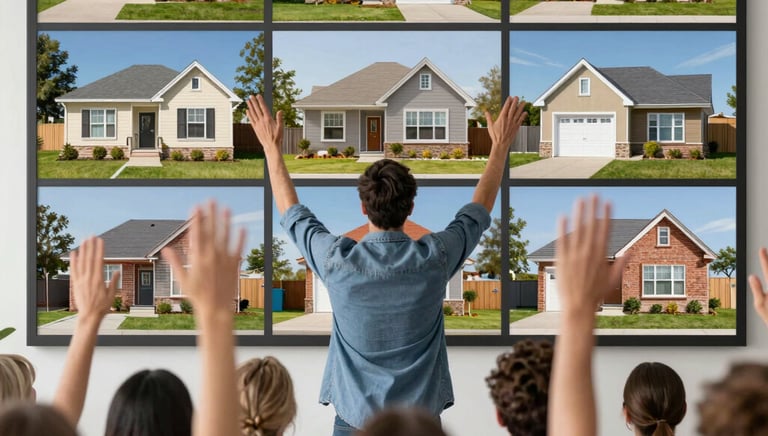 A lively auction scene with bidders raising paddles in a bright, modern room.