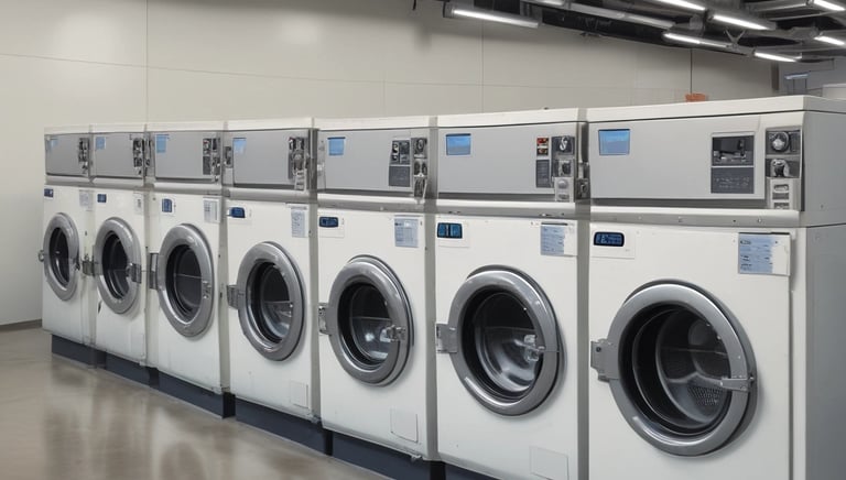 A row of white front-loading washing machines is numbered sequentially. Tags with keys hang on each machine's handle, indicating service numbers. Towels or clothes are visible inside one of the machines.